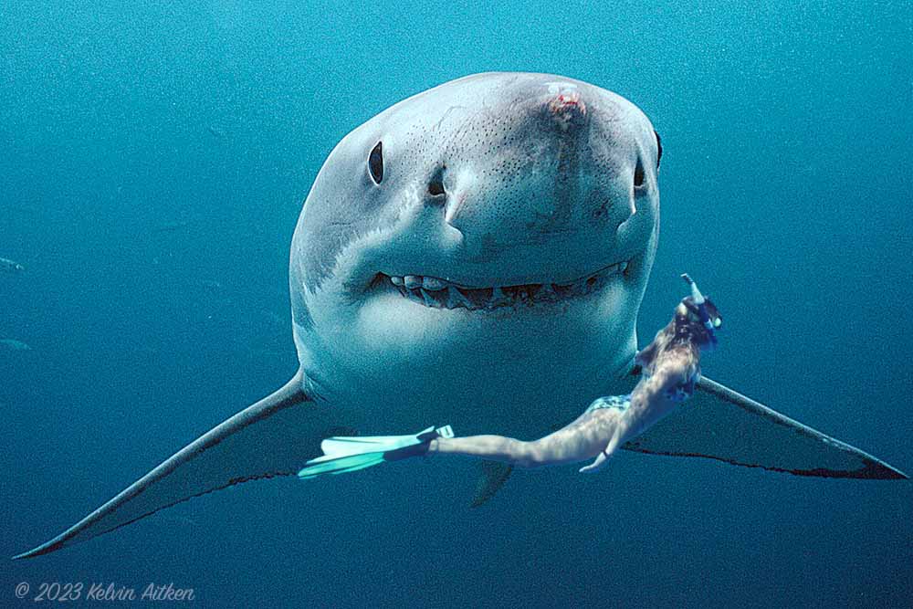 Fake photo of great white shark with girl diver in bikini