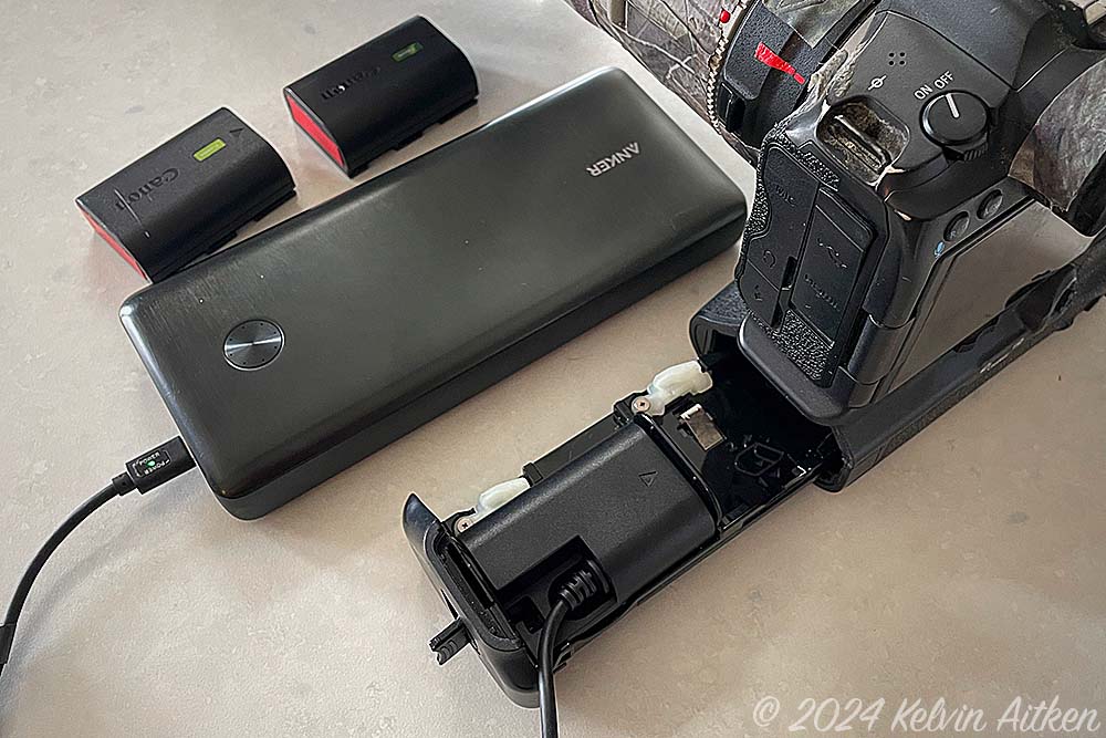 Dummy battery and external battery connected to camera