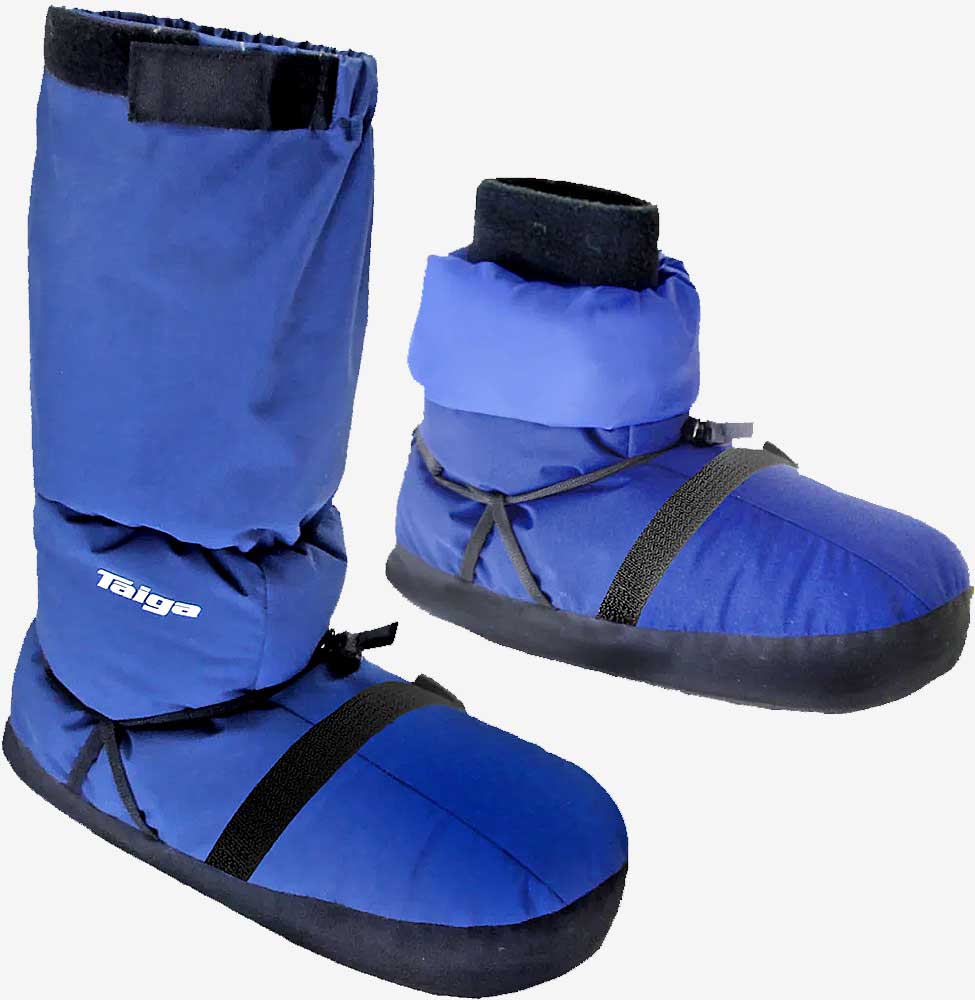 Down filled camp booties for extreme cold camping